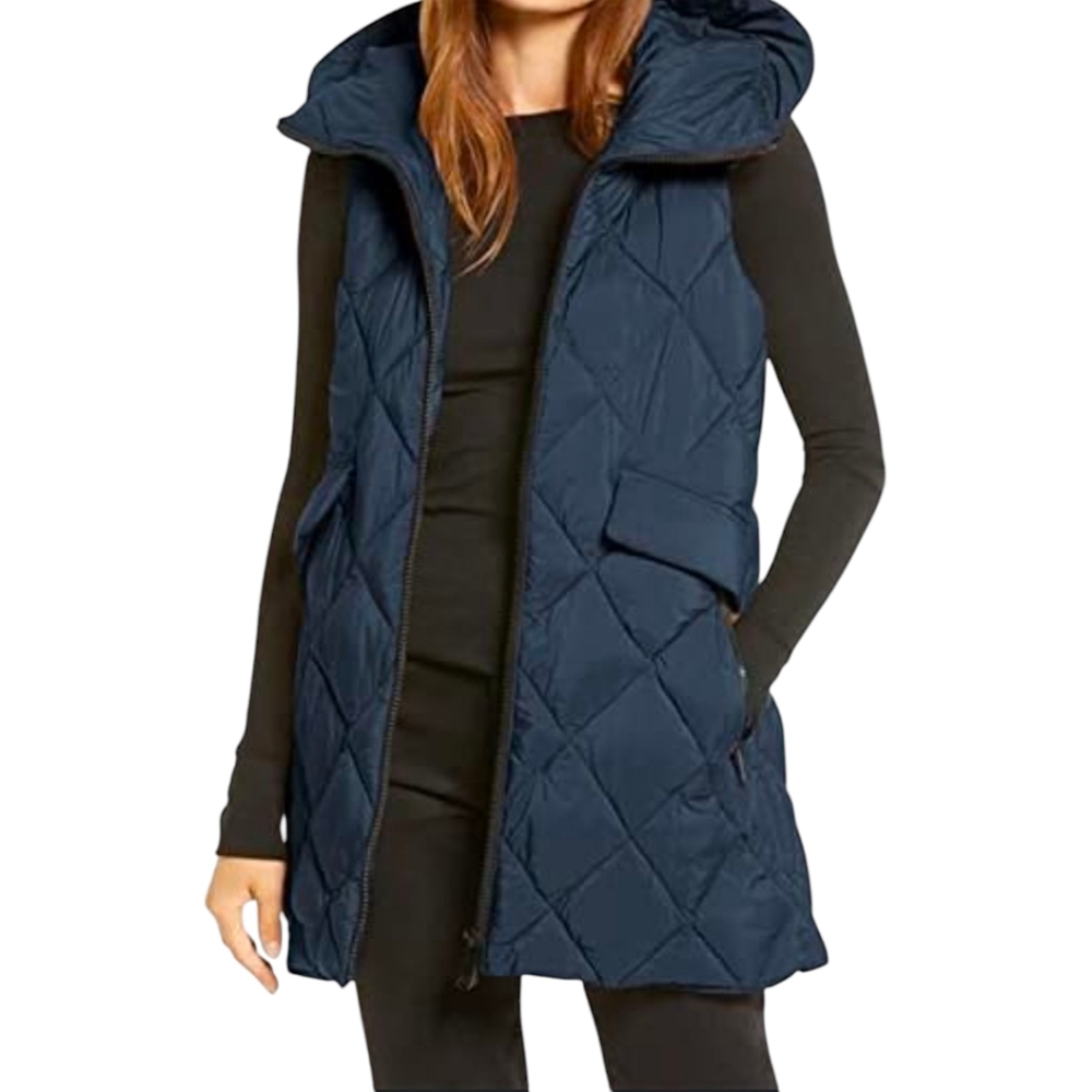 Sam Edelman Quilted Water Repellent Hooded Vest Women's M in Navy